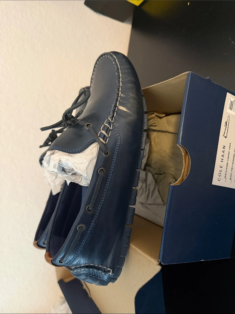Cole Haan Navy Leather Men’s Boat Shoes with Contrast Stitching